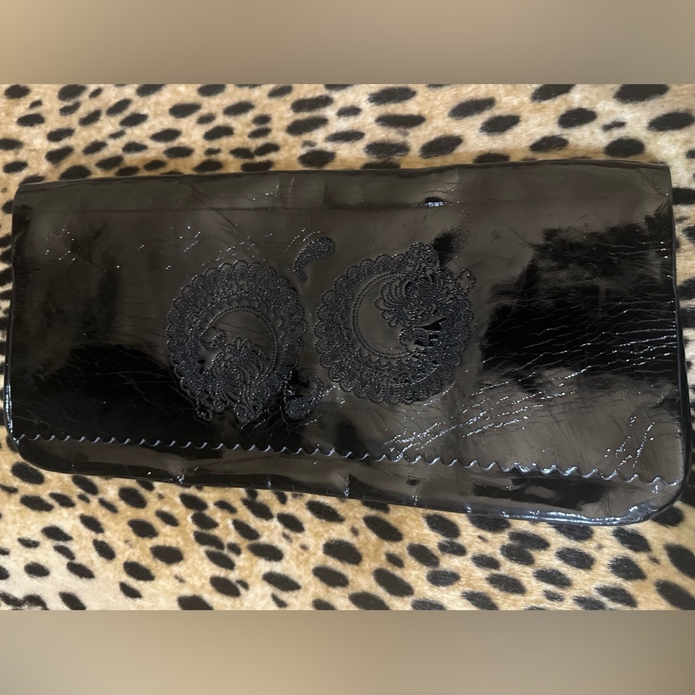 Classic BUCO Black Patent Leather Clutch with Laser Cut Embroidered Details